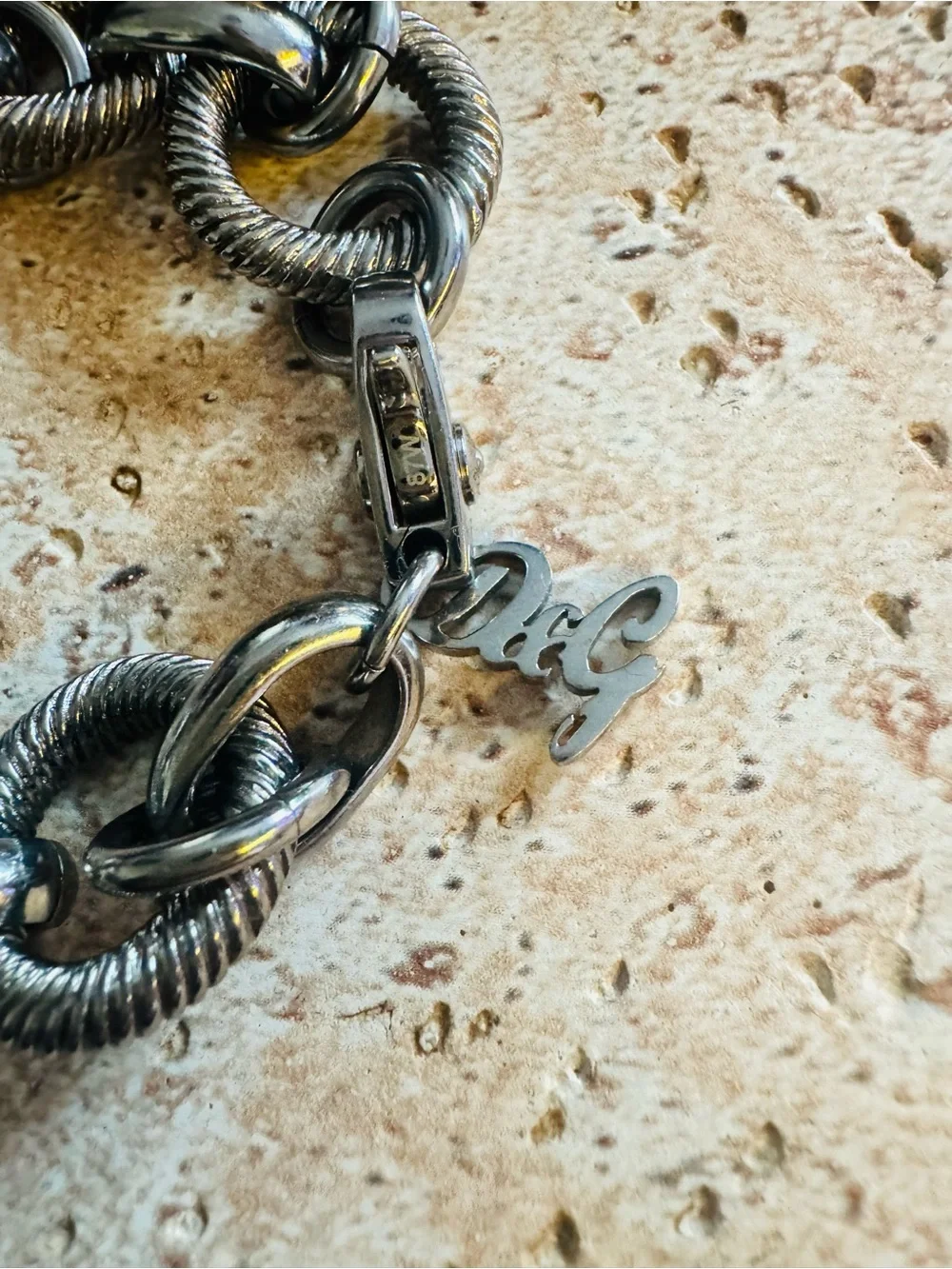 Dolce & Gabbana Silver Textured Chain Link Bracelet with D&G Charm